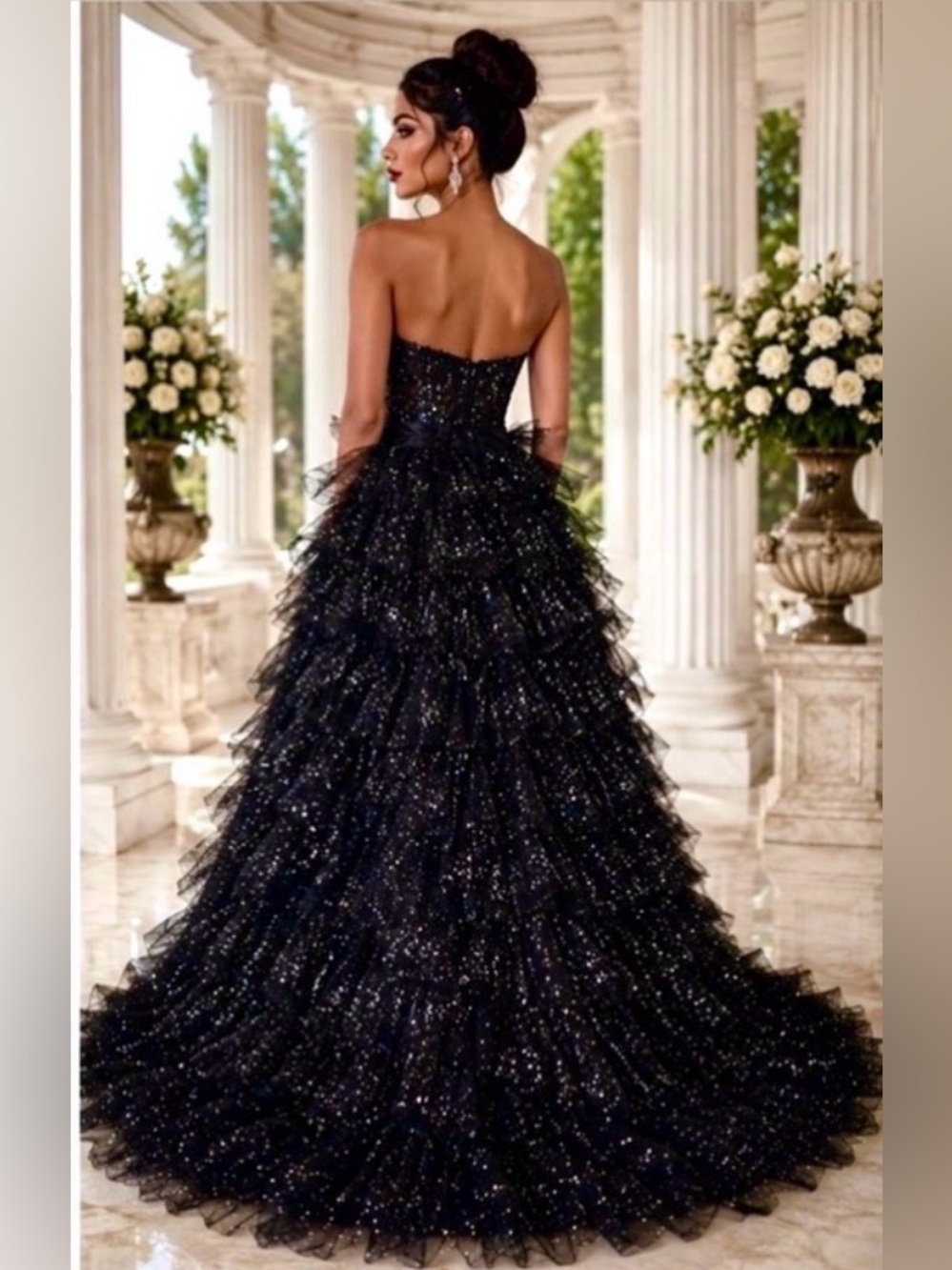 Sparkly Black Evening Dress SZ 8 Tiered Tulle Glitter Formal Statement Dramatic - Picture 3 of 9